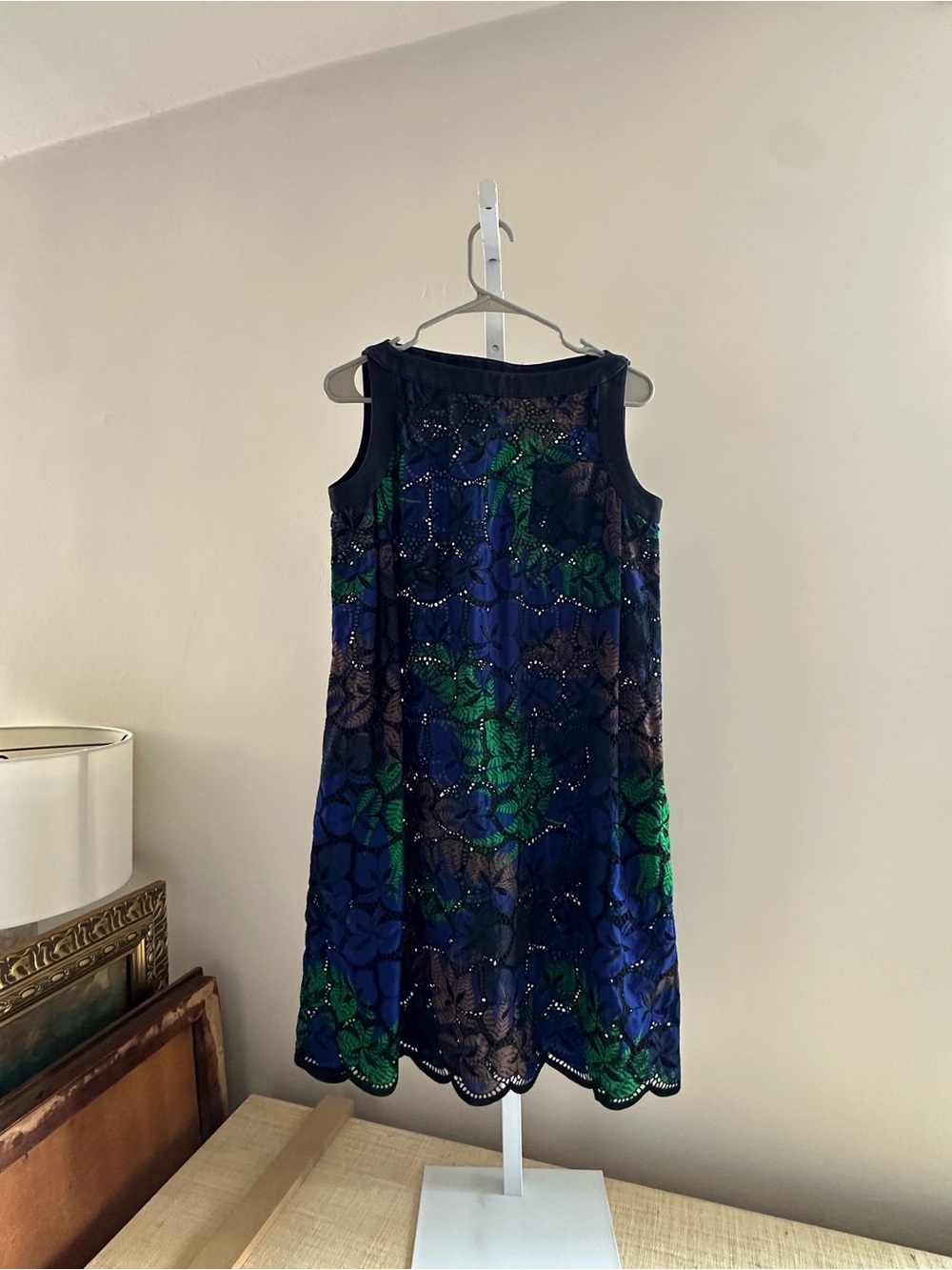 Sacai Navy Blue & Green Floral Lace A-Line Dress